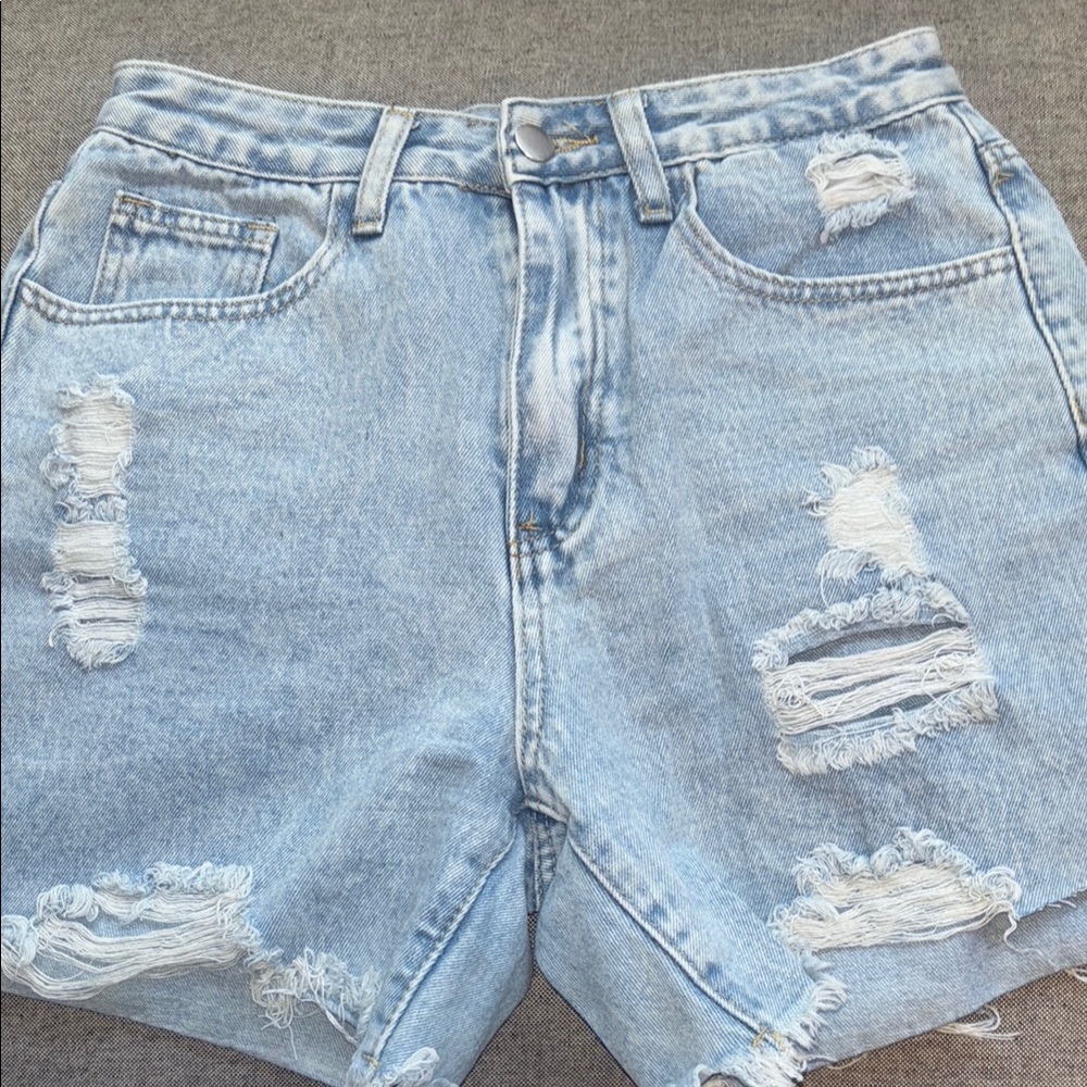 Light Blue Distressed Jean Shorts with Raw Hem